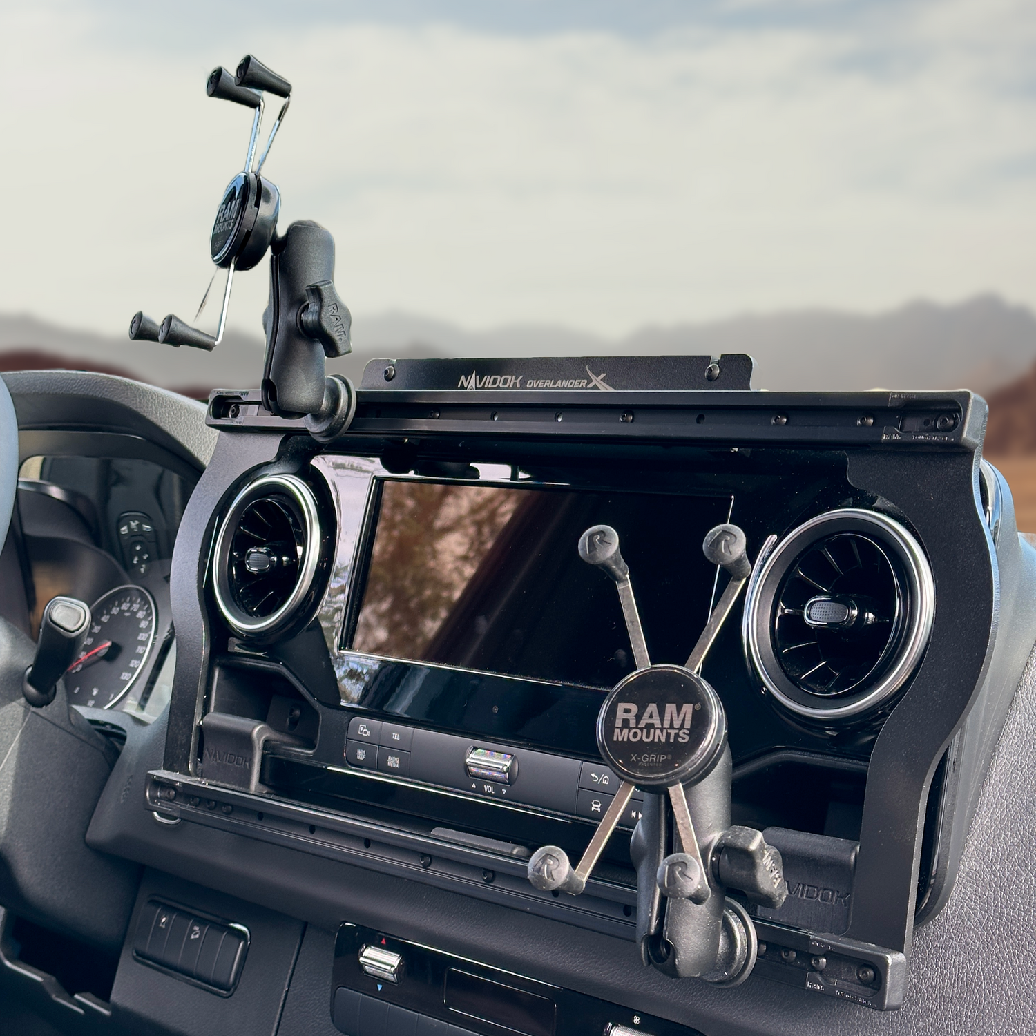 Navidok Overlander X no-drill dash mount for 2019+ Mercedes Sprinter, showing  RAM Mount compatibility, a no drill installation