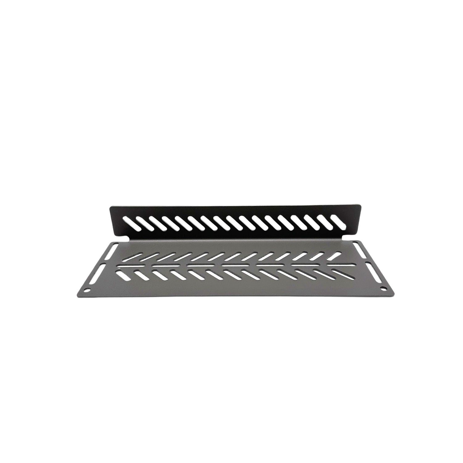 Front view: Cabdok Molle Storage Panel, aluminum L-shaped shelf with routed arrow-pattern lines and mounting slots, front view on white background