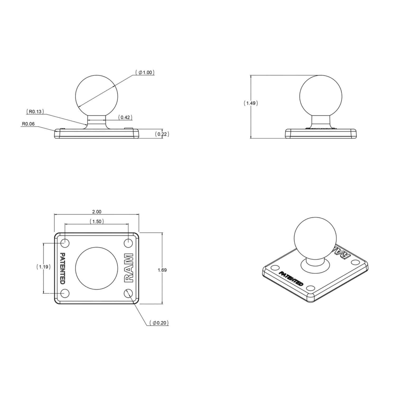 RAM® Mounts Ball Adapter with AMPS Plate - B Size