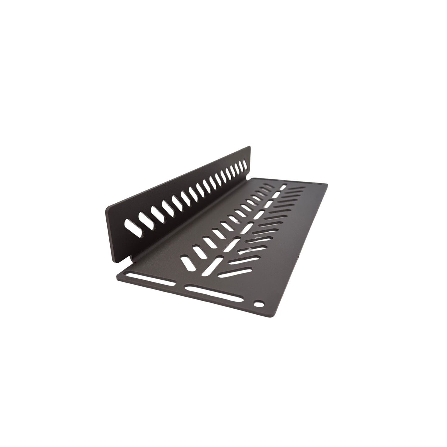 Side/angle view: Cabdok Molle Storage Panel, aluminum L-shaped shelf with routed arrow-pattern lines, angled view on white background