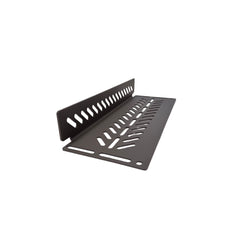 Side/angle view: Cabdok Molle Storage Panel, aluminum L-shaped shelf with routed arrow-pattern lines, angled view on white background