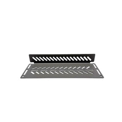 Front view: Cabdok Molle Storage Panel, aluminum L-shaped shelf with routed arrow-pattern lines and mounting slots, front view on white background